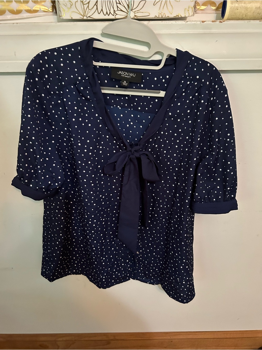 Jason Wu Navy and White Polka Dot Tie-Neck Blouse